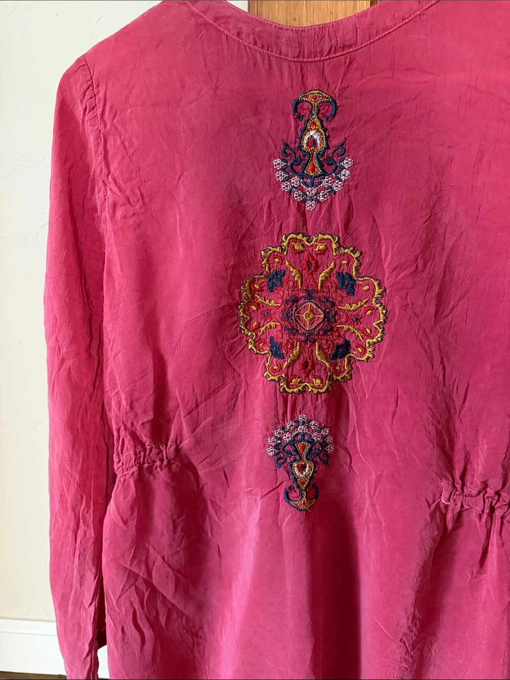 Johnny Was long sleeve Embroidered Drawstring Waist Blouse Medium, berry color
